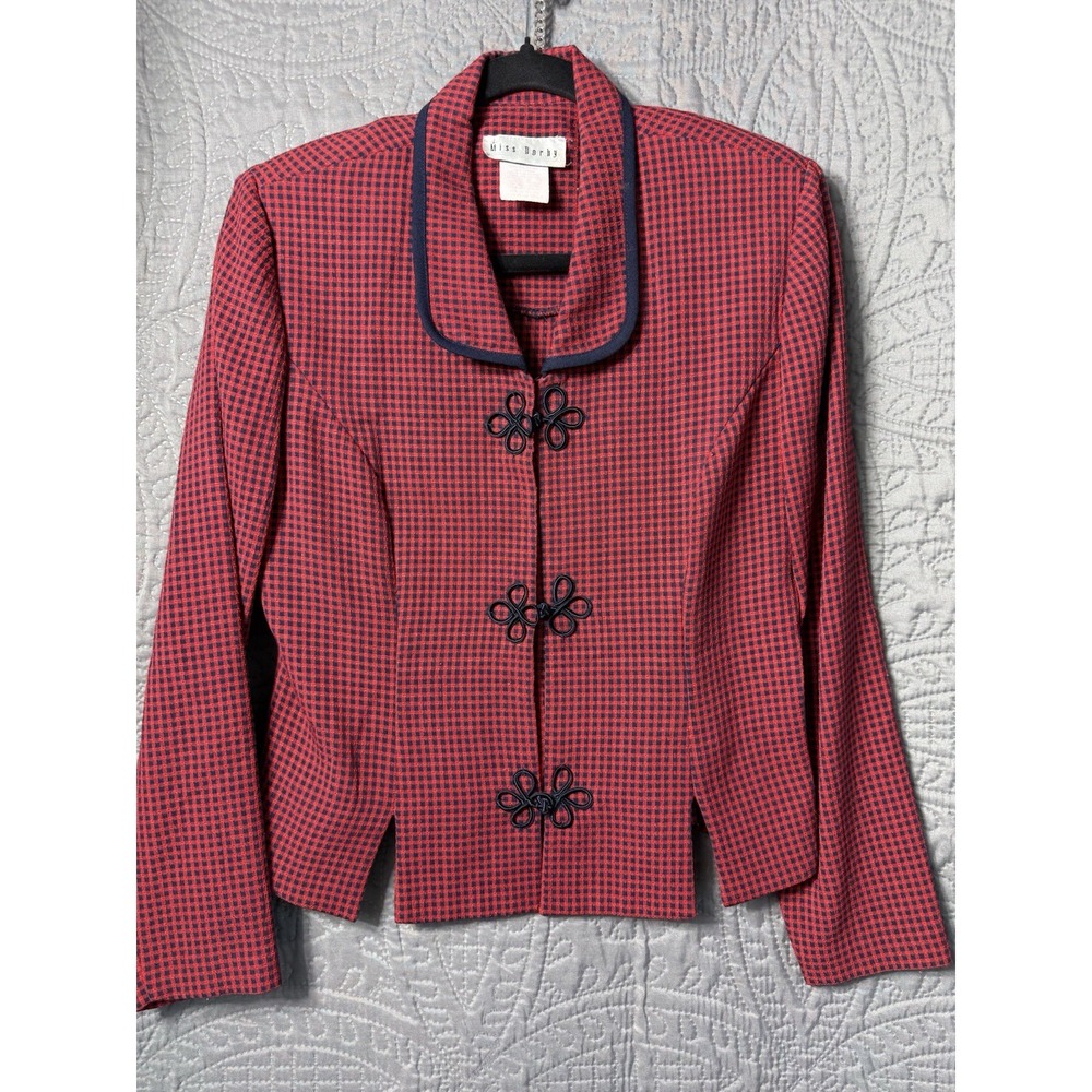 Miss Dorby Vintage Red Navy‎ Gingham Blazer Frog Closure Jacket Womens Large